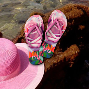 Fette rosa Rose bohemianische artsige Blumenmonogr Flip Flops