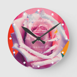 Fette rosa Rose in Blüte Gedicht Bohemian Artsy Runde Wanduhr