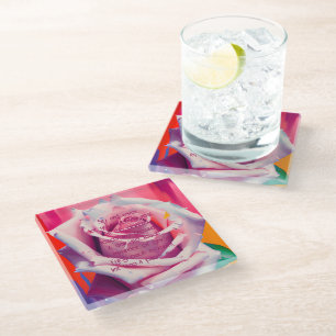Fette rosa Rose in Blütenpracht Gedicht Bohemian K Glasuntersetzer