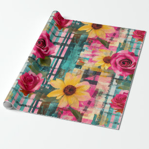 Fette rosa Rosen-Sonnenblumen-Karierung in Magenta Geschenkpapier