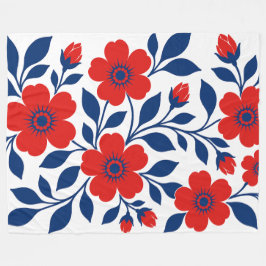 Fette rote Blumen und marineblaue Blätter Fleecedecke