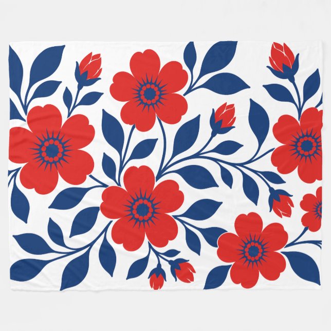 Fette rote Blumen und marineblaue Blätter Fleecedecke (Vorderseite (Horizontal))