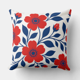 Fette rote Blumen und marineblaue Blätter Kissen