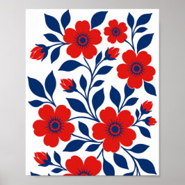 Fette rote Blumen und marineblaue Blätter Poster