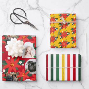 Fette rote Poinsettien-Foto-Streifen-Weihnachtsfei Geschenkpapier Set