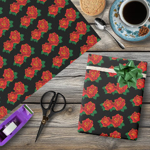 Fette rote traditionelle Rosen-Tätowierung Schwarz Geschenkpapier