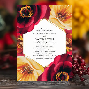 Fette rote und gelbe florale geometrische Hochzeit Einladung