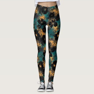 Fette schwarze florale Silhouette mit Türkis und S Leggings