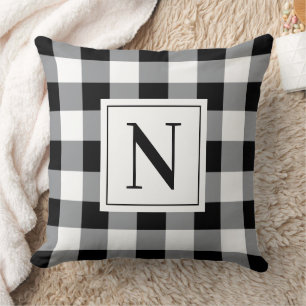 Fette schwarze Gingham-Karo-Monogramm-Initiale Kissen