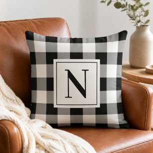 Fette schwarze Gingham-Karo-Monogramm-Initiale Kissen