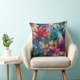 Fette Türkis Orange Wasserfarben Blumen Kissen