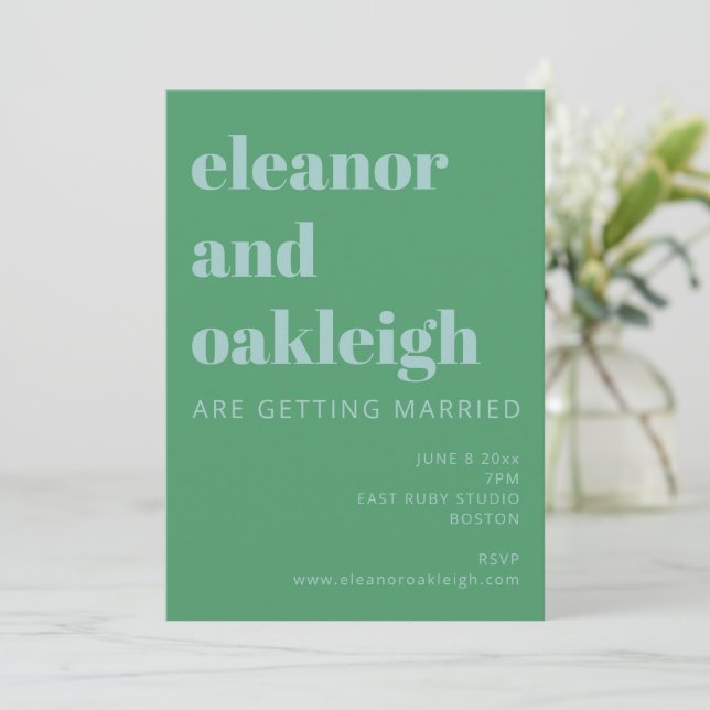 Fette Typografie Bright Green Blue Modern Wedding Einladung (Stehend Vorderseite)