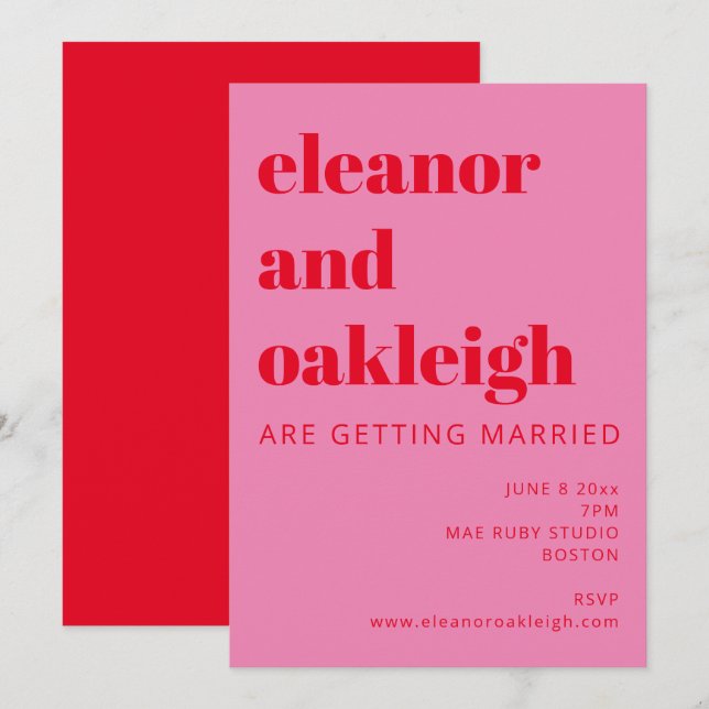 Fette Typografie Bright Pink und Red Modern Weddin Einladung (Vorne/Hinten)