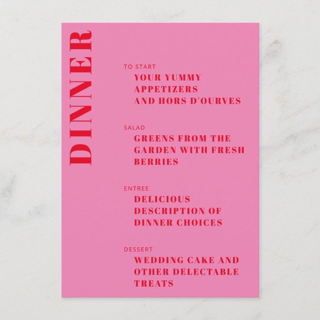 Fette Typografie Bright Pink und Red Modern Weddin Menükarte (Vorderseite)