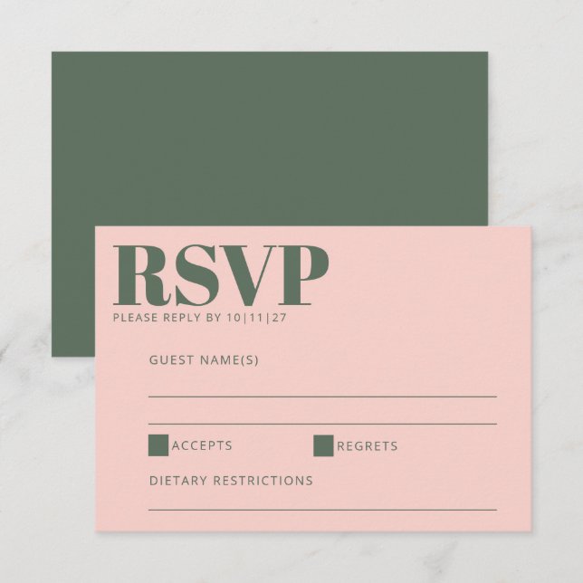Fette Typografie Modernes Rosa und Grün RSVP Karte (Vorne/Hinten)
