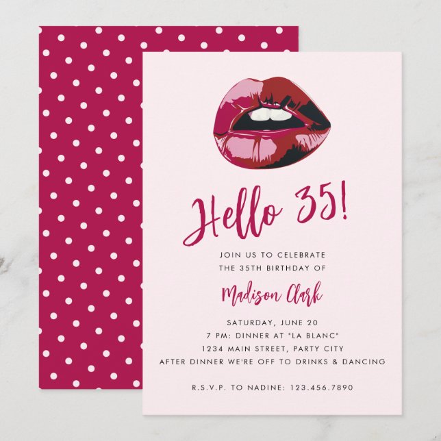Fette Typografie Rosa Lippen Moderne 35. Geburtsta Einladung (Vorne/Hinten)