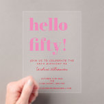 Fette Typografie Rosa Moderne 50. Geburtstag Acryleinladungen<br><div class="desc">Feiern Sie einen Meilenstein im Stil dieser "Bold Typografy Pink and Red Modern 50 th Birthday Acrylic Invitations". Diese Einladungen mit beeindruckender Typografie in lebhaften rosa und roten Farbtönen auf elegantem, zeitgenössischem Acryl eignen sich perfekt für eine stilvolle und unvergessliche Feier zum 50. Geburtstag. Das moderne Design verbindet Kühnheit mit...</div>