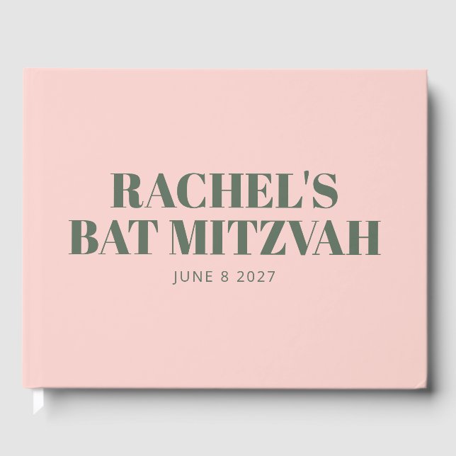 Fette Typografie Rosa und grünes modernes Bat Mitz Gästebuch (Vorderseite)