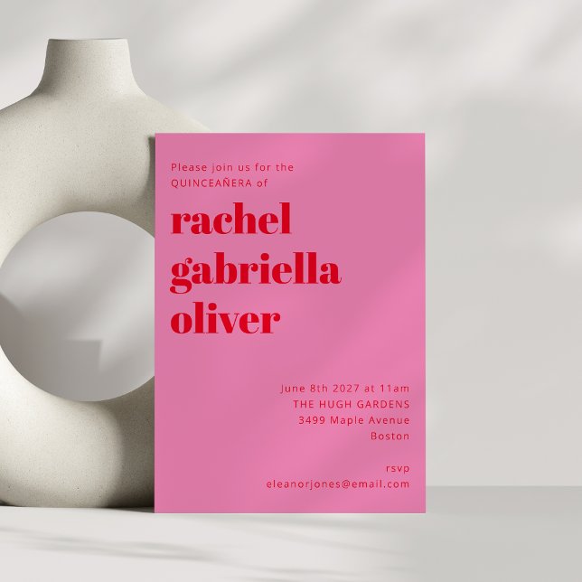 Fette Typografie Rosa und Rot Moderne QUINCEAÑERA Einladung (Von Creator hochgeladen)