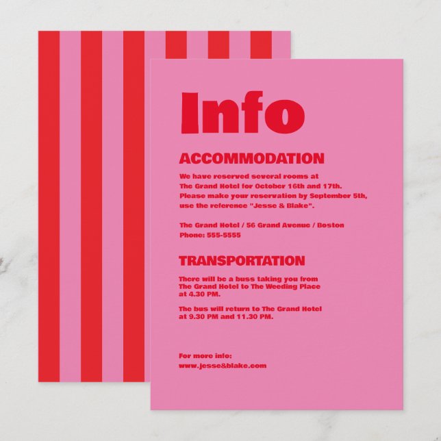 Fette Typografie, rosa und rote Hochzeit Begleitkarte (Vorne/Hinten)