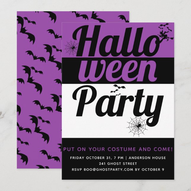 Fette Typografie und Spinnen lila Halloween-Party Einladung (Vorne/Hinten)