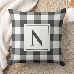 Fette weiche schwarze Gingham-Karo-Monogramm-Initi Kissen