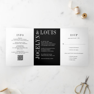 Fetter Schwarzer QR-Code Moderne Hochzeit Dreifach Gefaltete Einladung