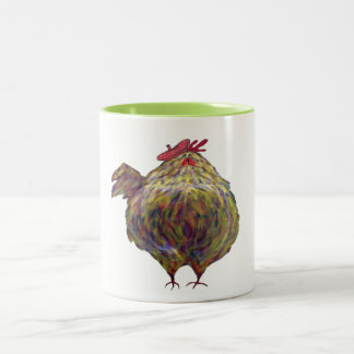 Fettes Huhn, das ein Barett trägt Zweifarbige Tasse
