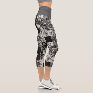 Fettes tropisches monochromes Blumenmuster Capri Leggings