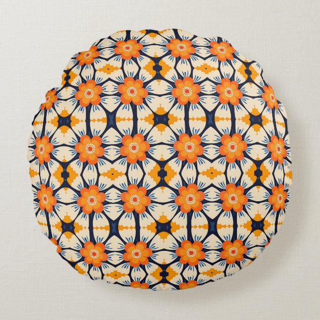Fettflorale Illustration in Orange Rundes Kissen (Vorderseite)