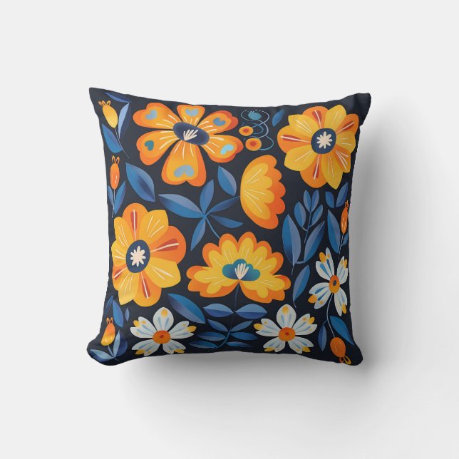 Fettflorale Illustration in Orange und Blau Kissen (Vorderseite)