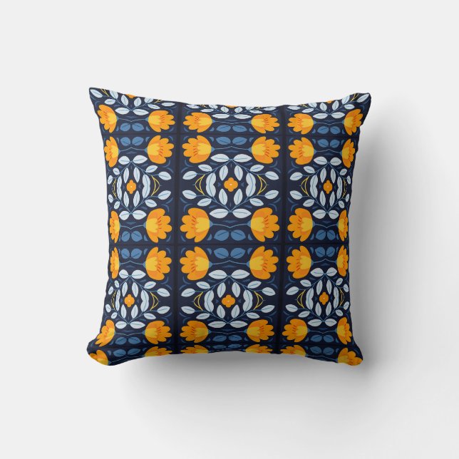 Fettflorale Illustration in Orange und Blau Kissen (Vorderseite)