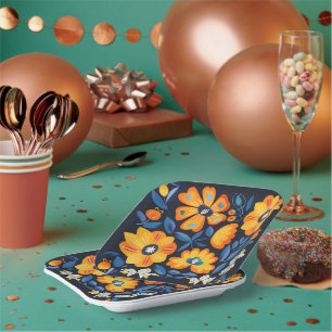 Fettflorale Illustration in Orange und Blau Pappteller