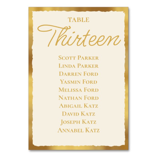Fettformatige Ecru Gold Edge Seating Chart Tischnummer (Vorderseite)