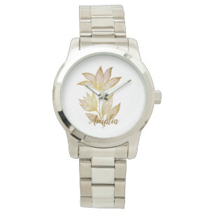 Fettgedruckte Silber- und Gold-Signatur-Blumen-Uhr Armbanduhr