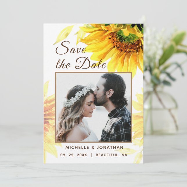 Fettgelbe Sonnenblumenfotografie Save The Date (Stehend Vorderseite)