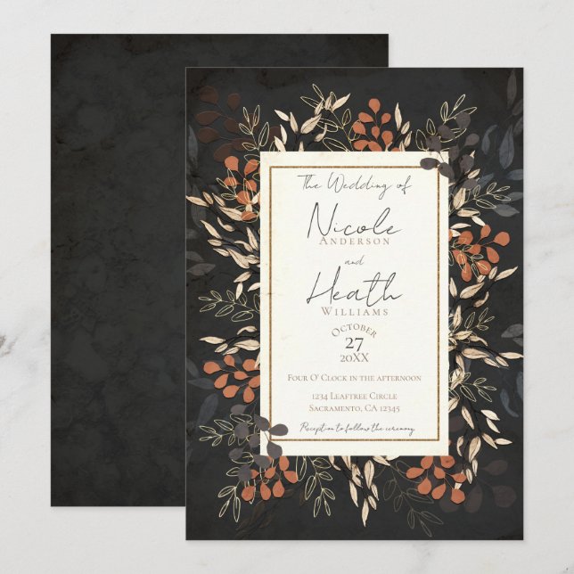 Fettgewebte botanische Blätter Gray Gold Wedding Einladung (Vorne/Hinten)