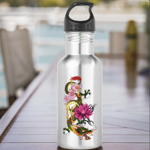 Fettgrüne chinesische Drachen-Lotos-Teal-Tätowieru Trinkflasche