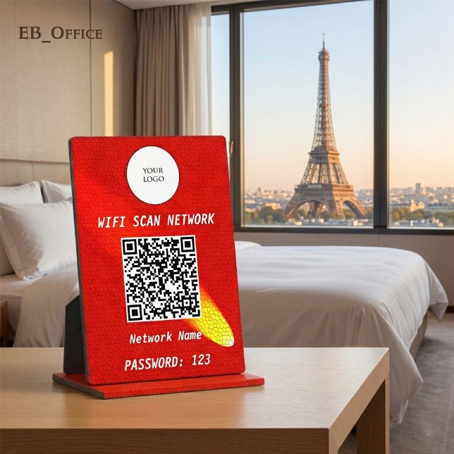 Fettiges Karmesinrotes Leder-Spotlight-QR-Code-Wif Fotoplatte (Luxury QR Code Wi-fi Tabletop Sign
& Logo
•	Red Leather pattern
•	5” x 7”
)