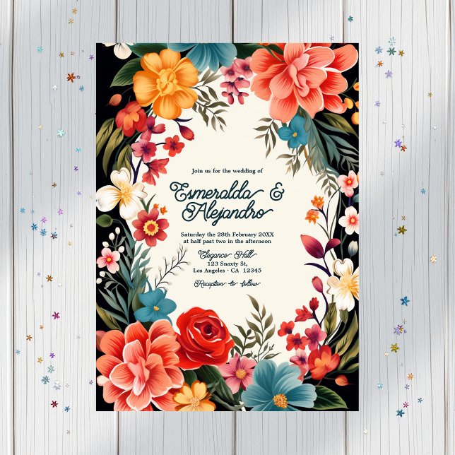 Fettlebiges florales Fiesta Wedding Foto & QR Code Einladung (Bold Vibrant Floral Fiesta Wedding Photo & QR Code Invitation)