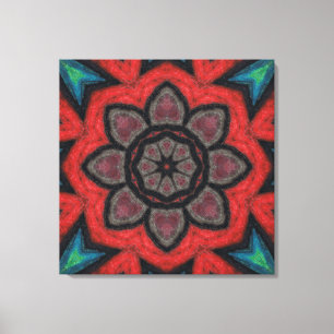 Fettrote und schwarze Kaleidoskop-Blumen-Mandala Leinwanddruck