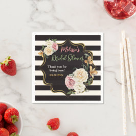 Fettschwarz, Elfenbeinstreifen, florales Brautpart Serviette