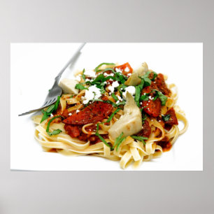 Fettuccini mit gebratener Tomate und Basilikum Poster