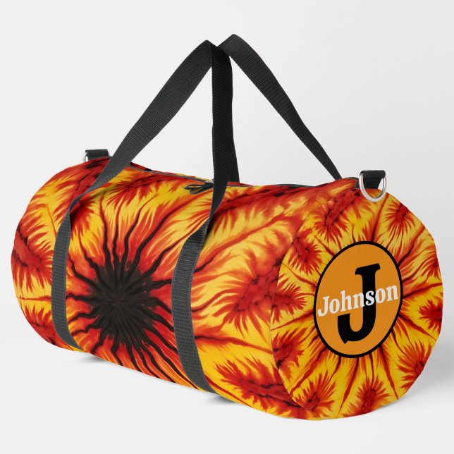 Feuer-Abstraktmuster-Zahnrad-Tasche Monogramm Duffle Bag (Linke Ecke)