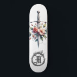 *~* Feuer AP88 Mittelalterliches Schwert Blumenblü Skateboard<br><div class="desc">(Suchen Sie nach ähnlichen Artikeln in AP88 ) Einfache Übertragung auf andere Zazzle Produkte. WEISSE Hintergrund Skateboard mit PINK und ROSE BLUME MEDIEVAL SWORD für Drachensagen mit BLUME / FLORAL Elementen und mit RING von FRE / FLAMES / FLAME und Letter , ERSTE MONOGRAM für Ihren Namen - Behalt oder...</div>