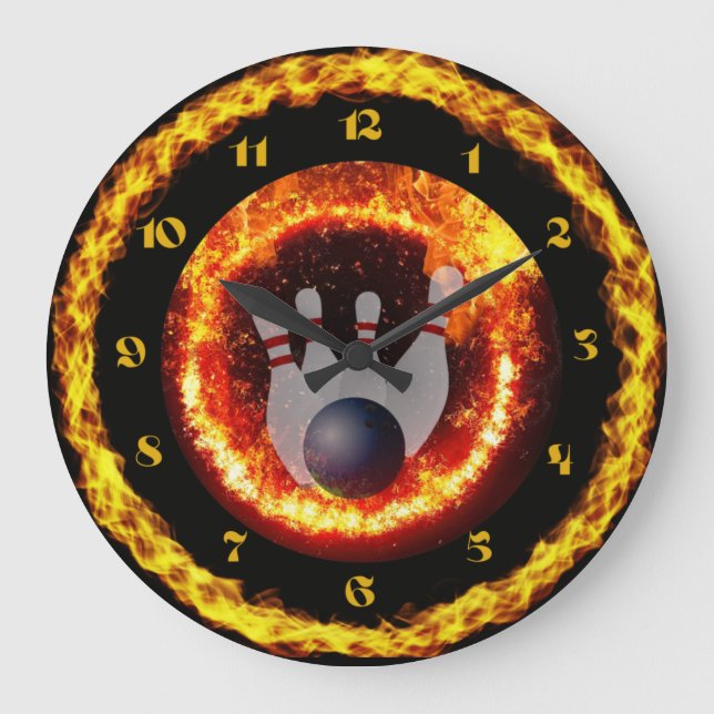 Feuer Flammen Bowling Themed Black Round Clock Große Wanduhr (Vorderseite)