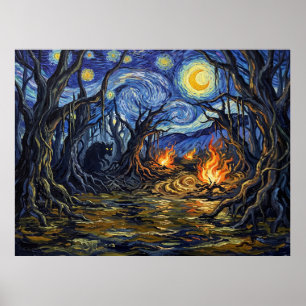 Feuer-Sumpf-Sternennacht-Fantasy-Landschaft Poster