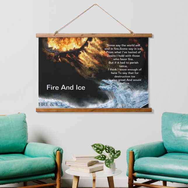 Feuer und Eis mit Feuerwehrdrachen Wandteppich Mit Holzrahmen (Wohnzimmer)