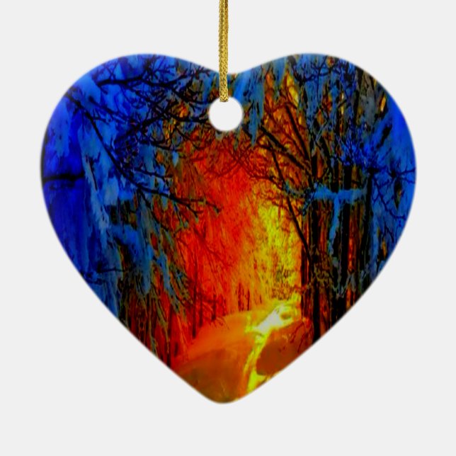 Feuer und Eis Schönes Kunstblau, Orange, Rot Keramik Ornament (Hinten)