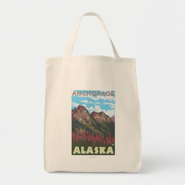 Feueralgen und Berge - Ankerplatz, Alaska Tragetasche (Vorne)